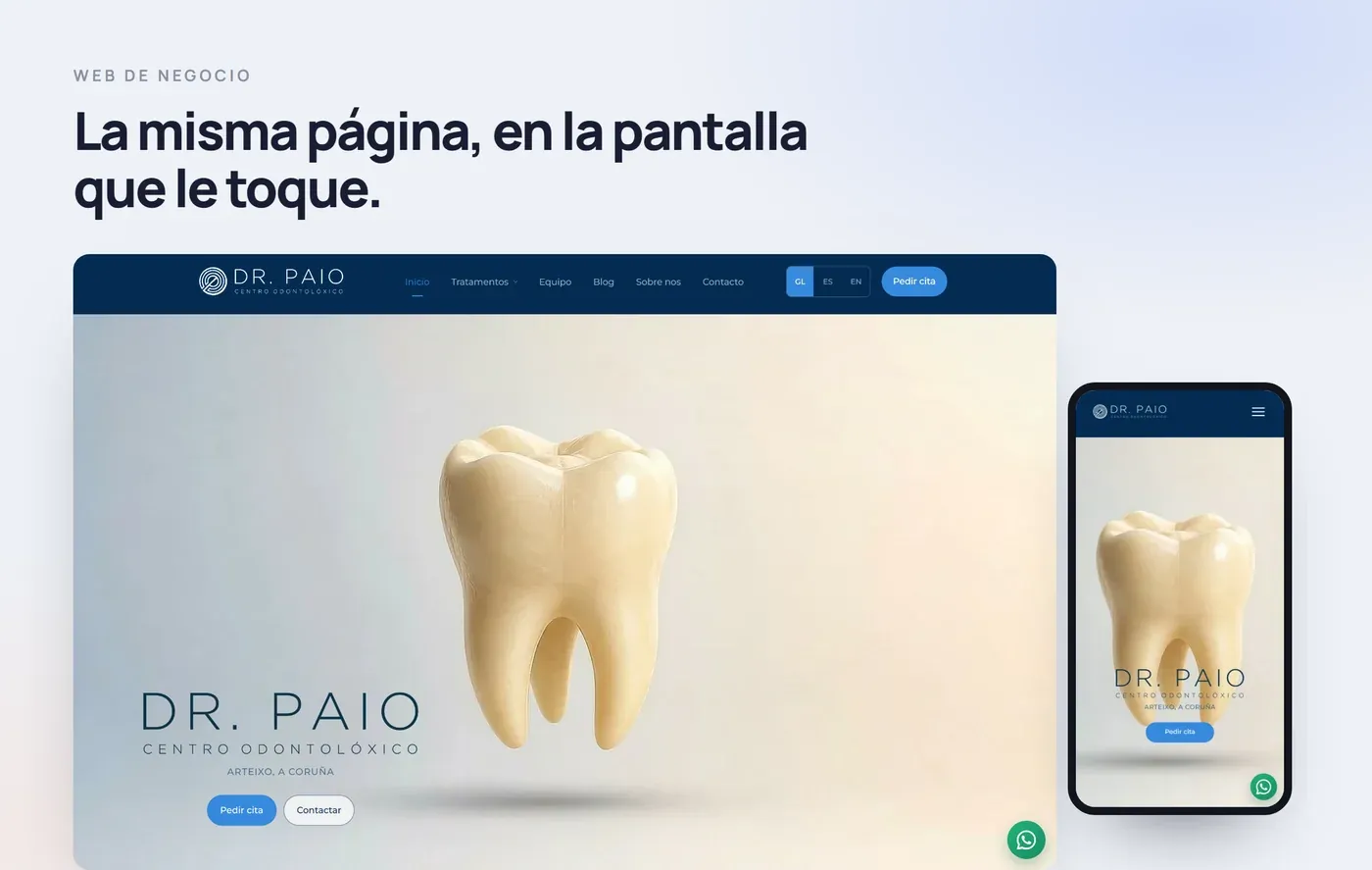 La web del Centro Odontolóxico Dr. Paio, en pantalla grande y en el móvil