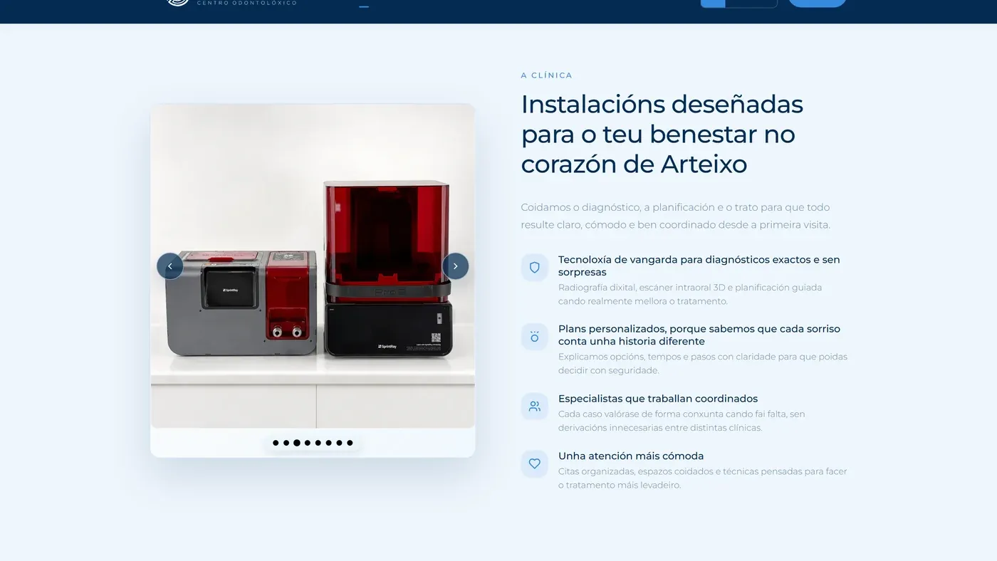 Sección de instalaciones: equipamiento real de la clínica en carrusel