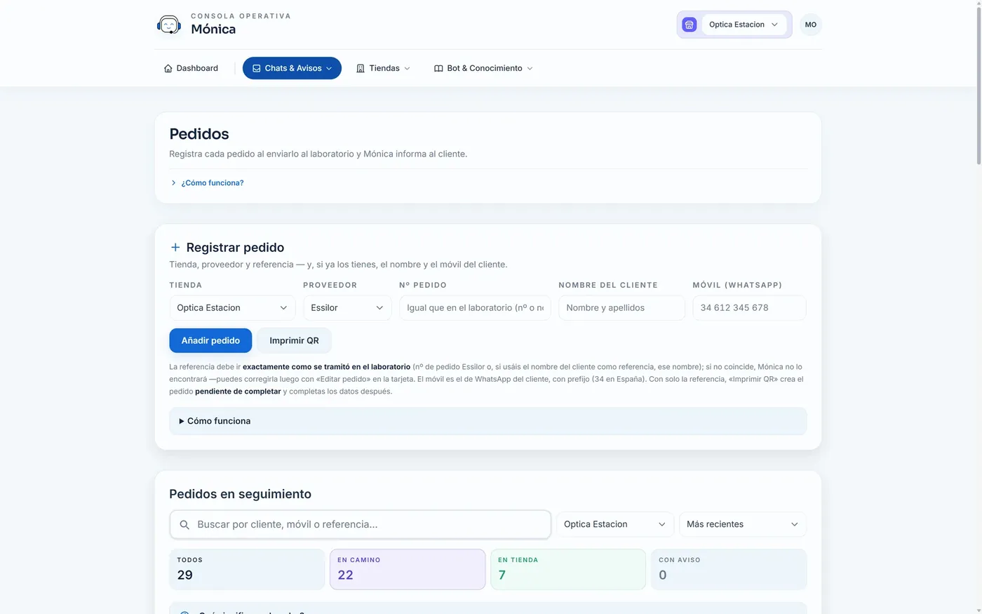 El panel: registro de pedidos y seguimiento